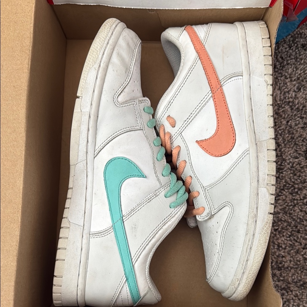 Nike Dunk Lows White Shoes with Teal and Orange Details